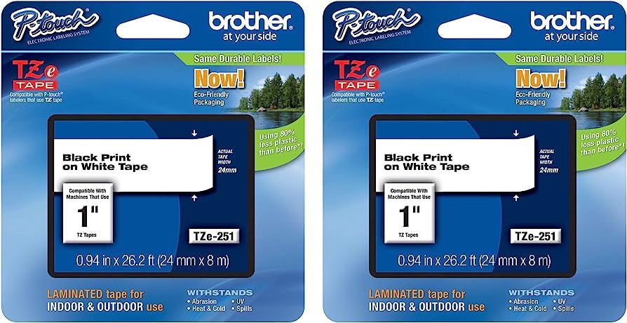 Brother Genuine P-Touch 2-Pack TZe-251 Laminated Tape, Black Print on White Standard Adhesive Lam... | Amazon (US)