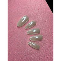 Hailey Bieber Nails, Press On Milky White Chrome Glazed Donut Round Trendy Pearly Nails | Etsy (US)