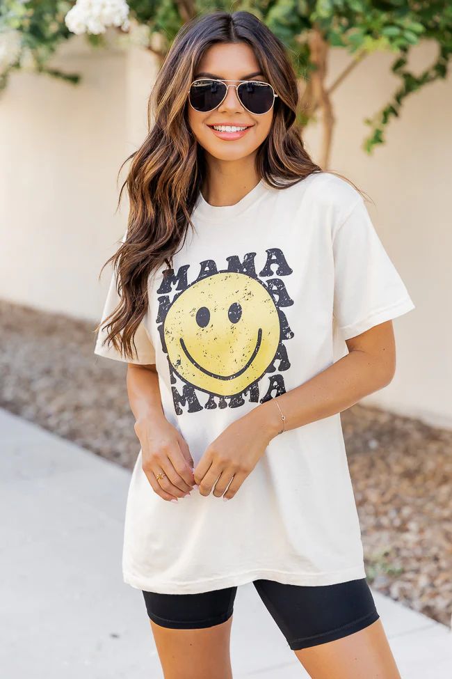 Mama Smiley Repeat Ivory Oversized Graphic Tee | Pink Lily