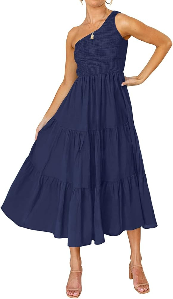 ZCSIA Women's Summer Boho One Shoulder Sleeveless Solid Color Ruffle Beach Party Tiered Midi Dress | Amazon (US)