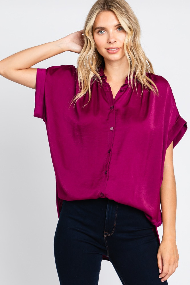Magenta Satin Button Front Collared Short Sleeve Top | PinkBlush Maternity