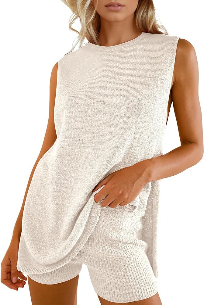 Women Summer 2 Piece Sweater Sets Casual Crew Neck Sleeveless Knit Tank Top Mini Shorts Lounge Se... | Amazon (US)