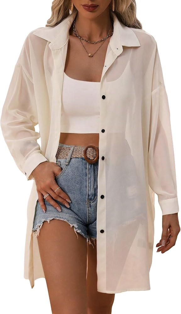 Floerns Women's Sheer Drop Shoulder Blouse Long Sleeve Collar Button Loose Shirts Tops | Amazon (US)