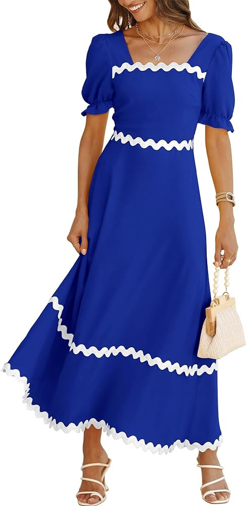 BTFBM Women's 2024 Summer Square Neck Short Puff Sleeve Dress Casual RIC Rac Tie Back Smocked A L... | Amazon (US)