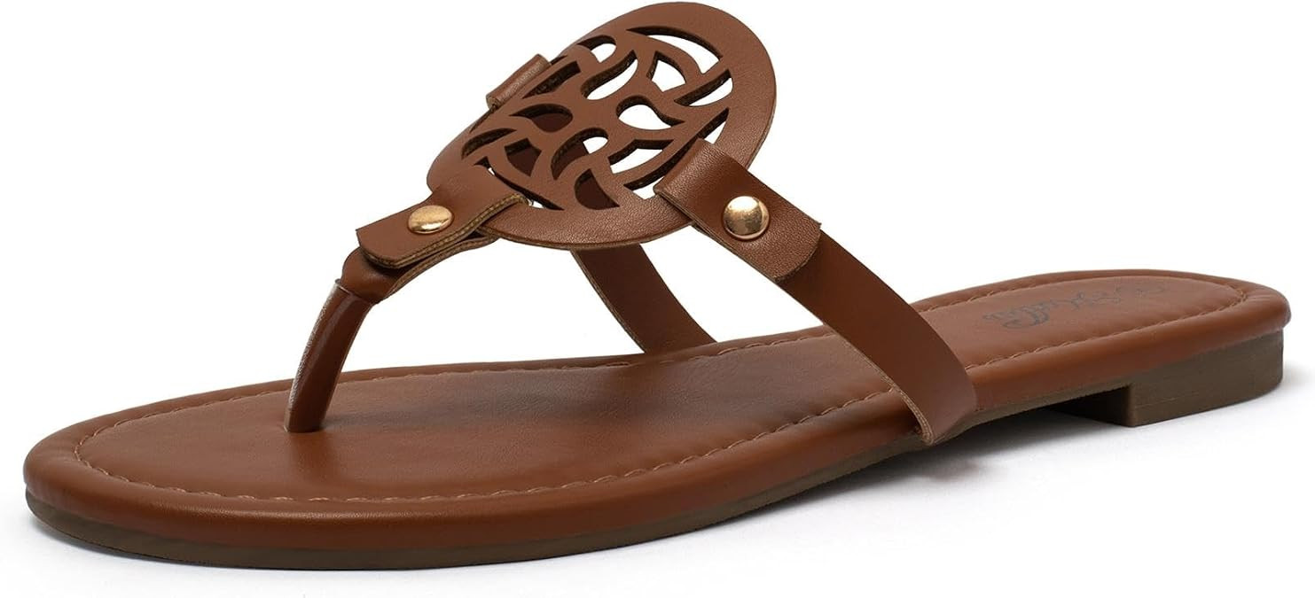 katliu Women's Flat Sandals Dressy Flip Flops | Hollow Cutout Medallion Detail Summer Sandals for... | Amazon (US)