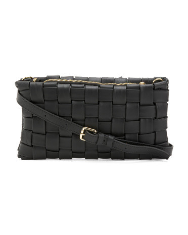 Leather Flat Woven Crossbody, Leather/Gold | TJ Maxx