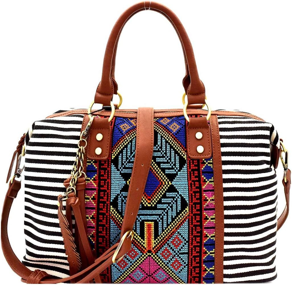 Boho Tassel Leaf Charm Aztec & Stripe Print Canvas Satchel Tote Handbag Purse | Amazon (US)