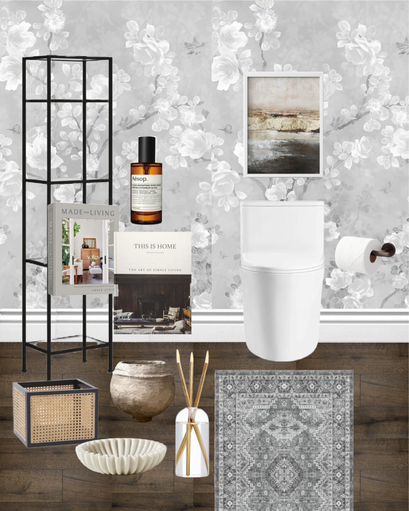 Client bathroom design! I couldn’t change the mirror, lighting, toilet or vanity but decorated the rest of this space in neutral soft grey tones. The wallpaper is the Eden Mural Wallpaper grey from Drop It Modern. 
-
Bathroom decor - luxury bathroom style - Wayfair - Overstock - Amazon Home - Etsy wall art - digital printable art - affordable bathroom art - abstract art - crystal soap dispenser - bronze toilet paper holder - bronze towel ring - white faux flowers - ribbed glass oval vase - Jo Malone candle - match cloche - grey and white bathroom - black glass shelving 

Follow my shop @sofreshandsochic on the @shop.LTK app to shop this post and get my exclusive app-only content!

#liketkit 
@shop.ltk
https://liketk.it/40JD9 

#LTKFind #LTKhome #LTKsalealert #LTKFind #LTKhome #LTKsalealert