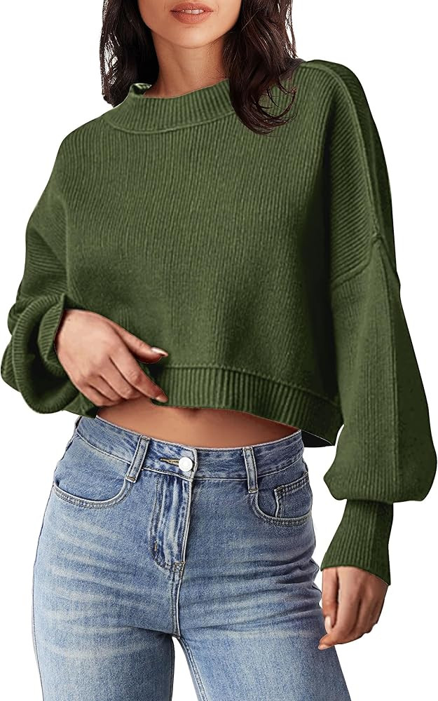 MEROKEETY Women's Crewneck Cropped Sweater 2023 Fall Batwing Sleeve Oversized Side Slit Ribbed Kn... | Amazon (US)