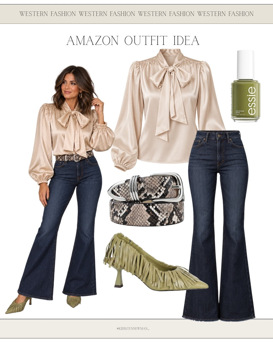 A feminine twist on western fashion! 🤍💚 This champagne satin bow blouse styled with dark flare jeans, a snakeskin belt, and olive fringe heels is effortlessly chic. Perfect for NFR events, dinner in Vegas, or a dressed-up western night out!

#NFR2026 #WesternChic #WesternOutfit #CowgirlStyle #SatinBlouse #FlareJeans #VegasFashion #AmazonOutfitInspo #LTKStyle #ShopLTK