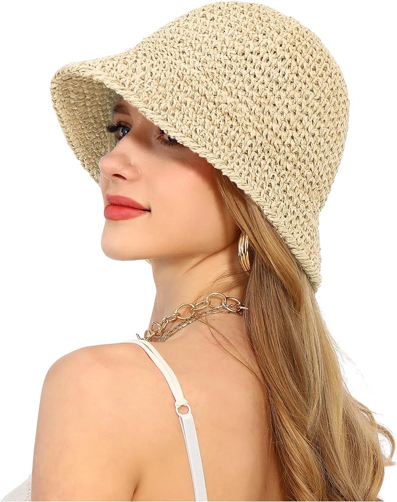 Womens Sun Hat Handmade Straw Bucket UV Protection Wide Brim Packable Travel Summer Cap for Beach... | Amazon (US)
