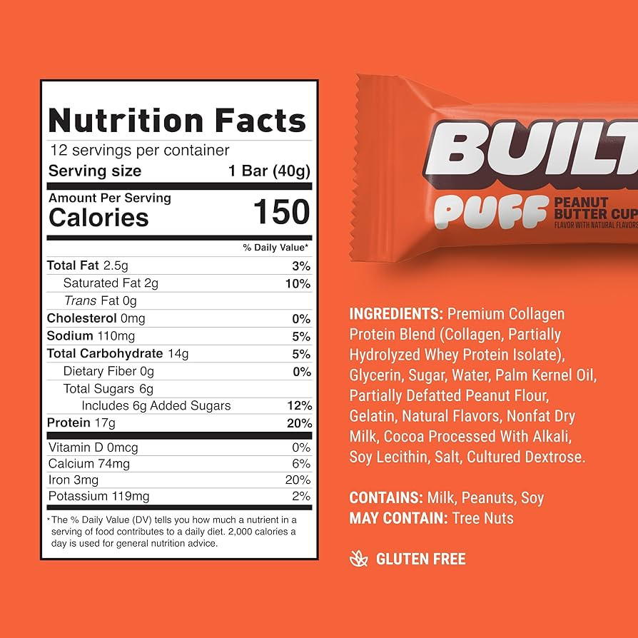 BUILT Bar Puff Protein Bars - Peanut Butter Cup - 17g Protein Snack Bars with Collagen - Calorie ... | Amazon (US)