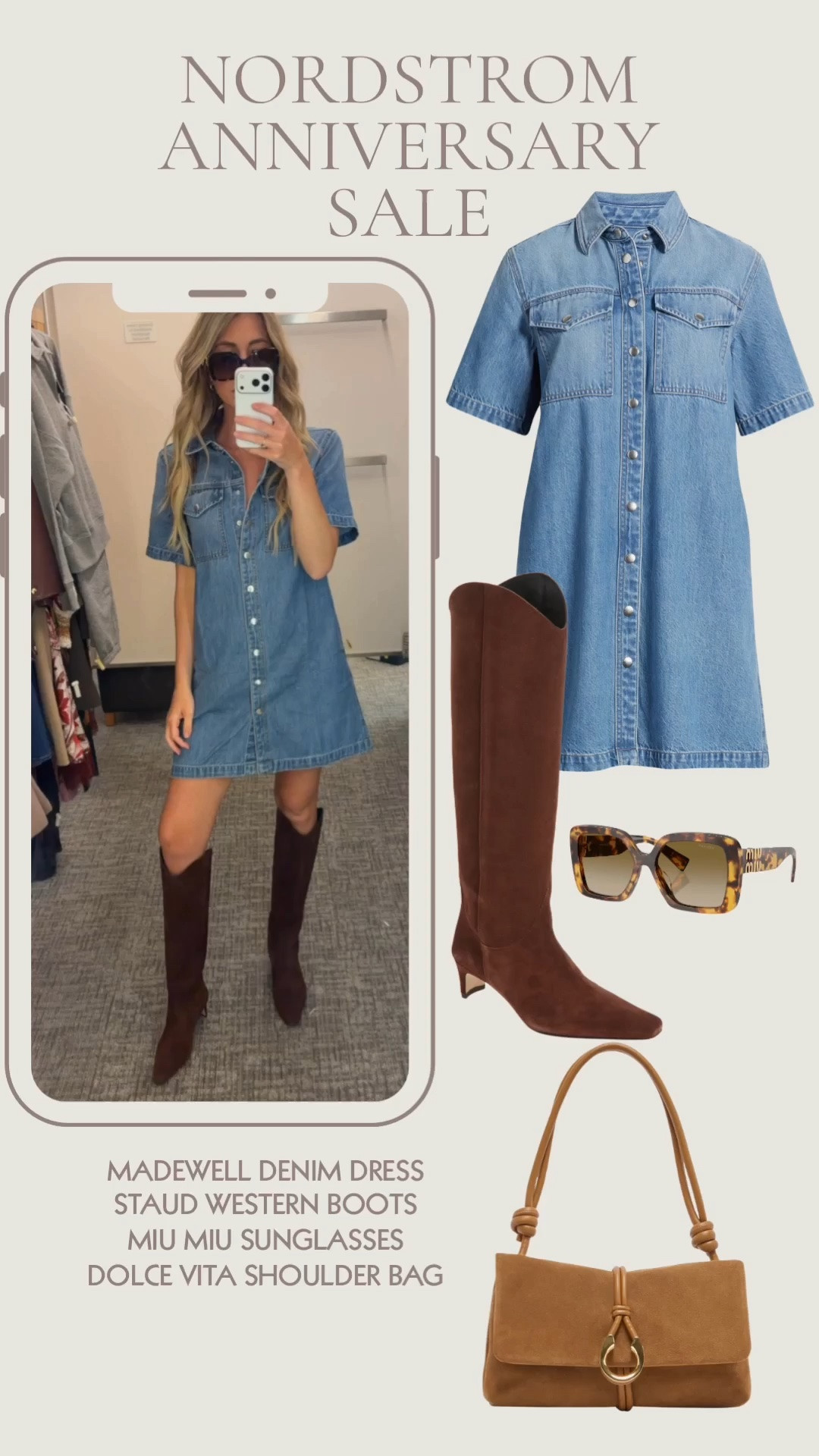 The denim dress that will sell out first. 🤎 This Madewell denim shirt dress is one of my favorite finds from the Nordstrom Anniversary Sale—easy to dress up or down and perfect from summer into fall. I styled it with the gorgeous STAUD suede western boots, Miu Miu sunglasses, and the Dolce Vita suede shoulder bag for the ultimate elevated western look.
If you're building a timeless wardrobe, don't skip this outfit. Everything is linked for you in my LTK before sizes disappear! Save this post for outfit inspiration and shop through my LTK for sizing, fit notes, and direct links. ✨
#nordstromanniversarysale #nsale #nordstromsale #nordstromanniversarysale2026 #ltk #ltkfashion #ltkfinds #ltkstyle #ltkcreator #shopmylook #shopmyltk #fallfashion #falldresses #denimdress #madewell #madewelldress #staud #westernboots #suedeboots #cowgirlchic #everydaystyle #capsulewardrobe #falloutfits #petitestyle #effortlessstyle #designerstyle #luxestyle #fashionfinds #wearitloveit #ootd

#LTKootd #LTKSaleAlert