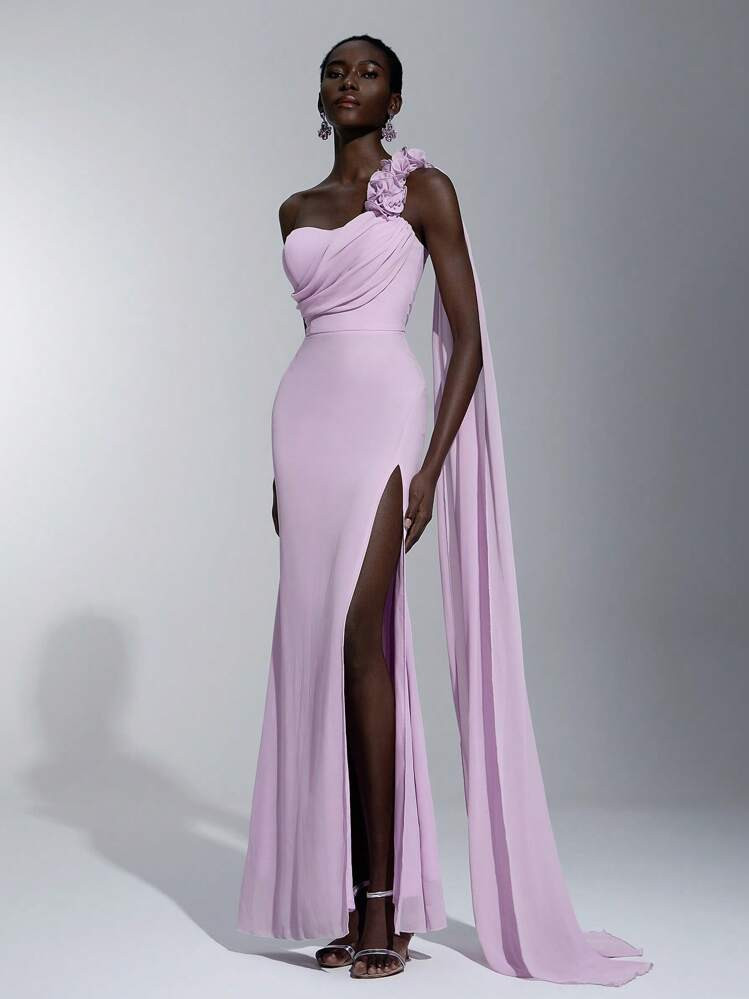 Elitara Elegant, Romantic, Dignified, Lavender, Chiffon Fabric, Ruffles, Tube Top, Waist, Front Slit, Flowing Sleeves, Train, Wedding Guest, Birthday, Vacation, Bridesmaid Dresses | SHEIN