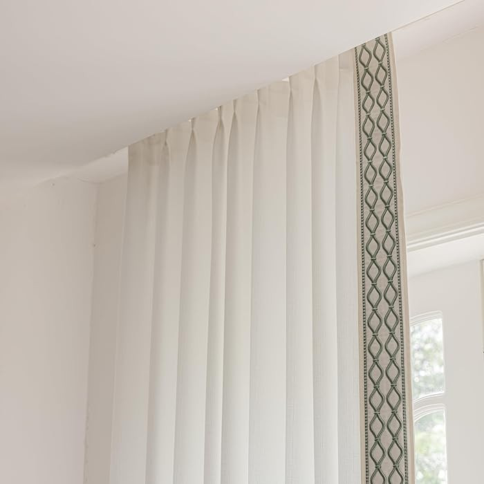 White Linen Curtain Panels with Embroidered Trim Design, Pinch Pleat Curtains, Semi-Sheer Curtain... | Amazon (US)