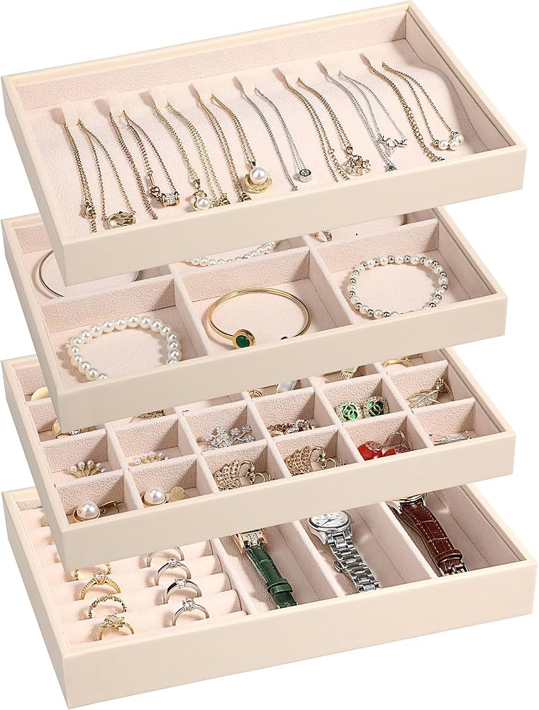 LANDICI Stackable Jewelry Organizer Trays 4 Set,PU Leather Jewelry Organizer Drawer,Jewelry Stora... | Amazon (US)