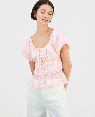 Juniors' Floral Print Short Sleeve Woven Top | Macy's