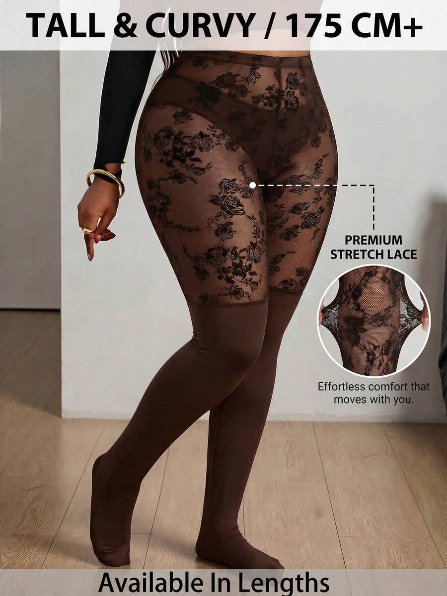 SHEIN PETITE CURVE Women's Plus Size Valentine Day Stockings,Brown Polka,Autumn,Elegant,Rave,Non-... | SHEIN