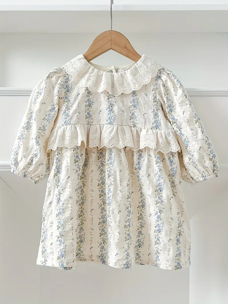 Charming French Country Blue Floral Lace-Trimmed Long Sleeve Dress for Girls - Cotton, Vintage St... | Temu Affiliate Program