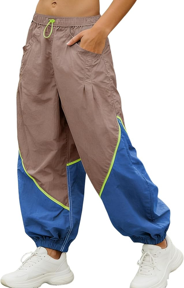 Faleave Women's Baggy Wide Leg Pants Elastic Drawcord Waist Color Block Workout Track Parachute P... | Amazon (US)