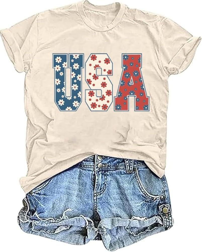 TIXOM Women's USA Floral Flowers Shirt 4th of July American Flag Graphic Tee Independence Day Sum... | Amazon (US)