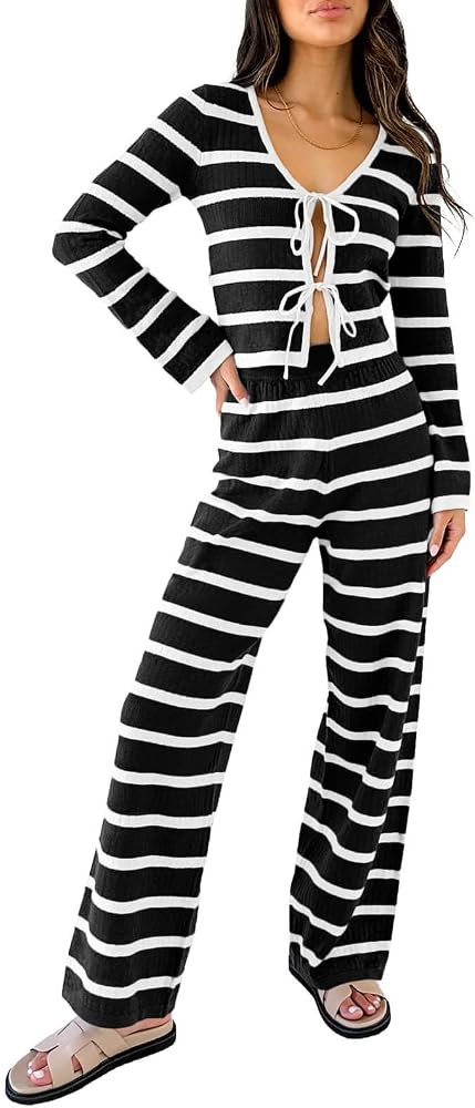 Tankaneo Womens Tie Front Top Lounge Sets Striped Knit Long Sleeve Shirts and Pants 2 Piece Pajam... | Amazon (US)
