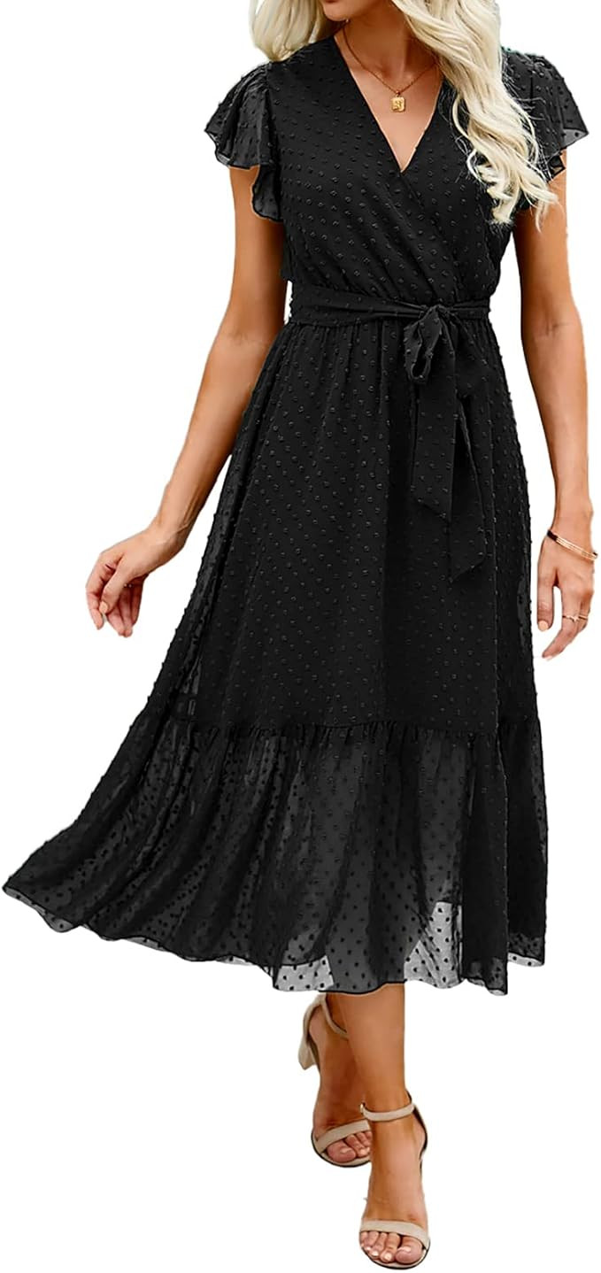 BTFBM Women Summer Bohemian Floral Casual Wrap V Neck Ruffle Cap Sleeveless Belt A-Line Pleated H... | Amazon (US)