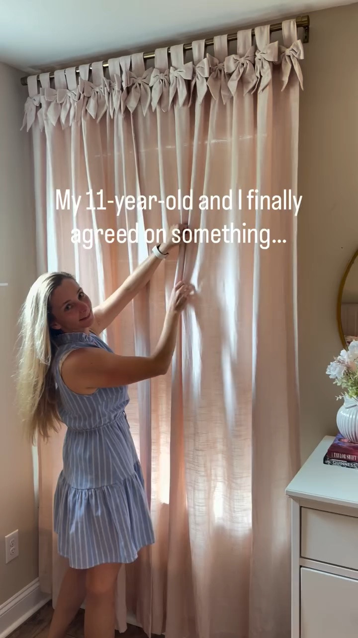 Apparently my 11-year-old and I can agree on something after all. 😂
Two Page curtains for her bedroom 
* Jawara Linen Cotton Tie Top Bow Curtain
* Pink — 340J-16
	* Same color as my office curtains
* 50” wide x 92” long per panel
* Unlined
Use code PAISLEYATHOME for 22% off

Comment Shop and I’ll send you the link. ✨ 

#twopageshome #curtains #bedroomdecor #girlsbedroom #homedecor homedecorinspo