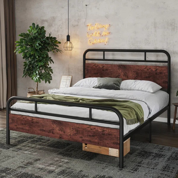 Paloma Metal Platform Bed Frame with Wooden Headboard, No Box Spring Needed | Wayfair North America
