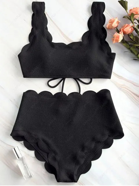 ZAFUL Scalloped Textured High Waisted Bikini Set | ZAFUL (Global)