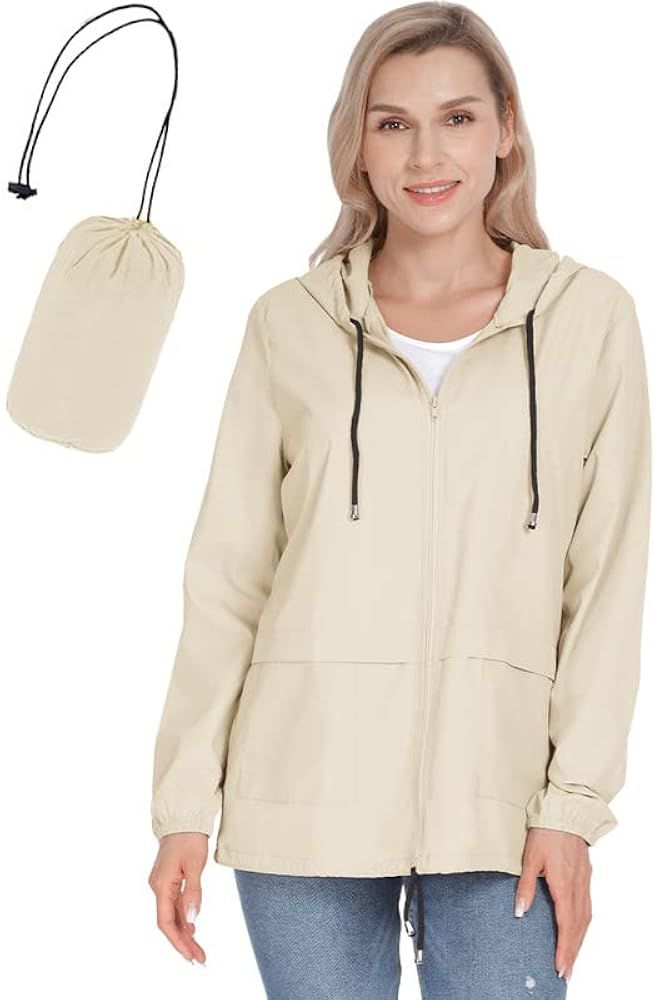 JTANIB Women's Raincoat Waterproof Windbreaker Lightweight Hooded Outdoor Packable Fashionable Color | Amazon (US)