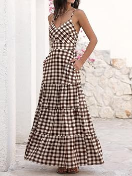 Caracilia Womens Summer Gingham Striped Flowy Spaghetti Strap Maxi Dress | Amazon (US)