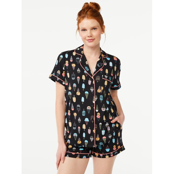 Joyspun Women's Knit Notch Collar Top and Shorts Pajama Set, 2-Piece, Sizes S to 3X | Walmart (US)