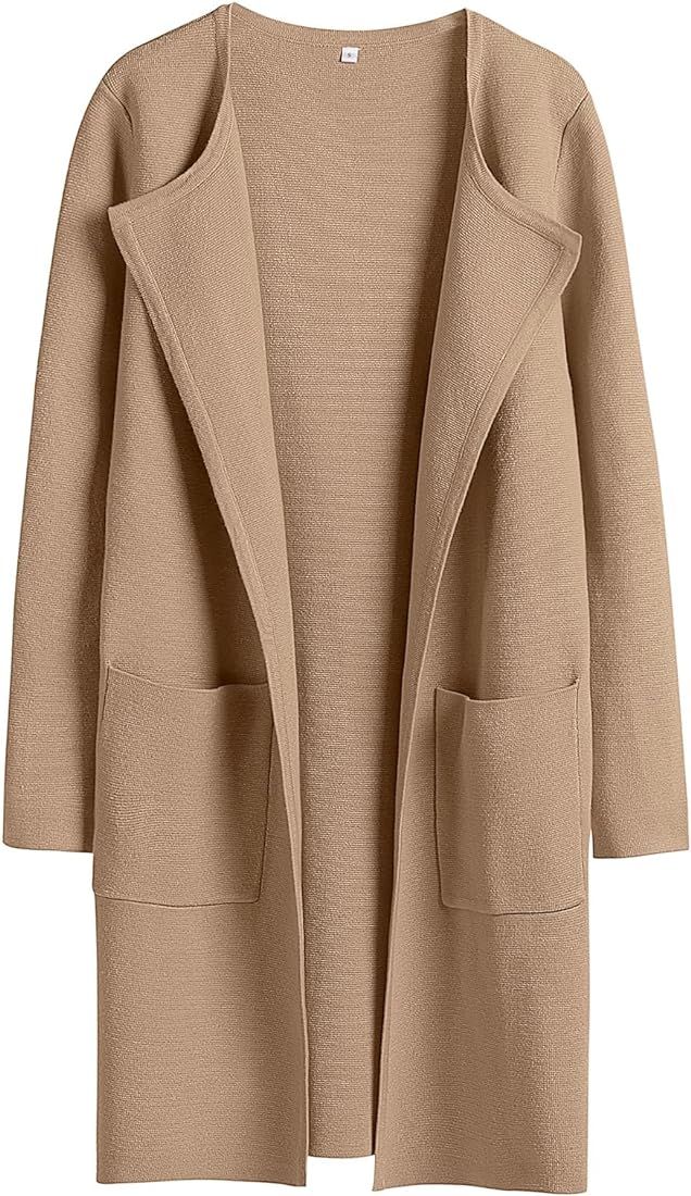Women's Open Front Knit Cardigan Long Sleeve Lapel Casual Solid Classy Sweater Jacket | Amazon (US)