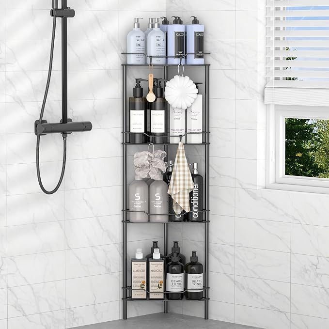 4 Tier Floor Standing Corner Shower Caddy Organizer Shelf with Hooks, Bathroom Shelves Stand Rack... | Amazon (US)