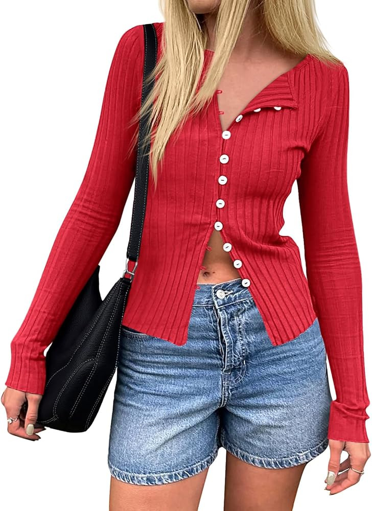 Womens Cardigans Button Down Long Sleeve Ribbed Shirts Cute Lighweight Fitted Y2K Fall Tops | Amazon (US)