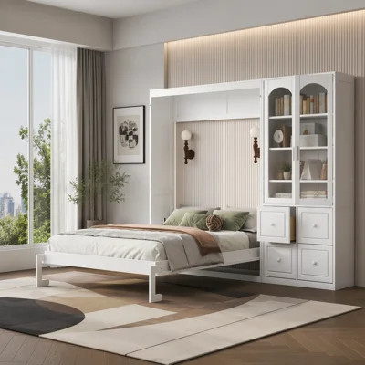 Queen Size Murphy Bed with Reversible Left-Right Side Cabinet, Acrylic Doors, 4 Drawers & Multi Storage Shelves Cabinets | Wayfair North America