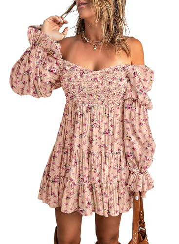 Dokotoo Womens Elegant Spring Summer Floral Dress Sexy Off The Shoulder Square Neck Long Sleeve Smocked A-Line Mini Short Dress Babydoll Party Dresses for Women Pink Small | Amazon (US)