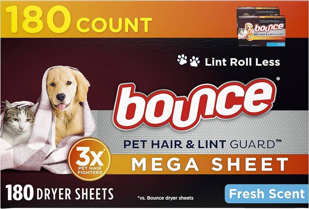 Bounce Pet Hair and Lint Guard Mega Fabric Softener Dryer Sheets with 3X Pet Hair Fighters, Fresh... | Amazon (US)