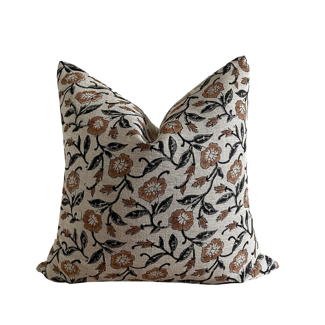 Block Print Floral Pillow Cover on Natural Textured Linen - Etsy | Etsy (US)
