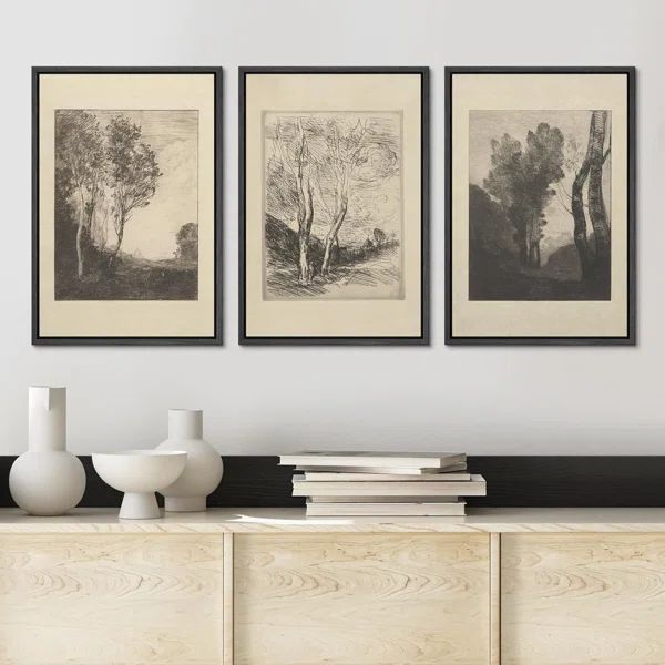 Duotone Vintage Trees Forest Sketch Rustic Landscape Framed Canvas 3 Pieces Painting Print Wall A... | Wayfair North America