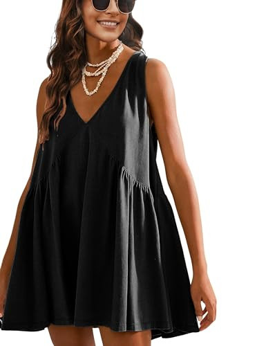 Athlisan Womens Summer Sleeveless Mini Dress Casual Loose V Neck Sundress with Pockets(Black-M) | Amazon (US)