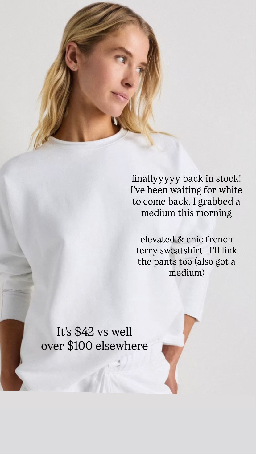 Yay white is back in stock!! 

French Terry elevated, chic rollneck sweatshirt 
Top- grabbed medium
Bottoms - medium too 

@Quince

#LTKootd #LTKmomlife #LTKOver40