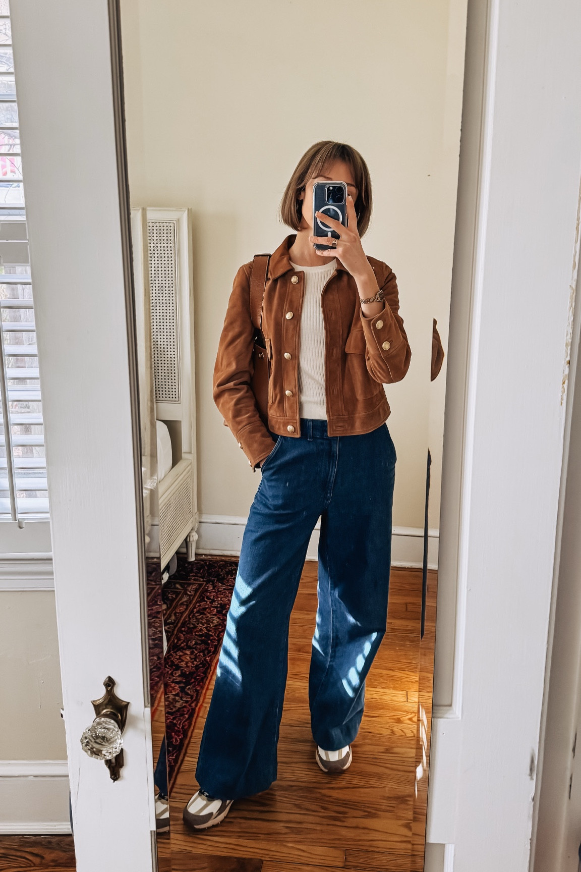 Weekend outfit wearing comfy wide leg jeans & a suede jacket & new sneakers. 

#LTKShoeCrush #LTKFindsUnder100 #LTKSeasonal