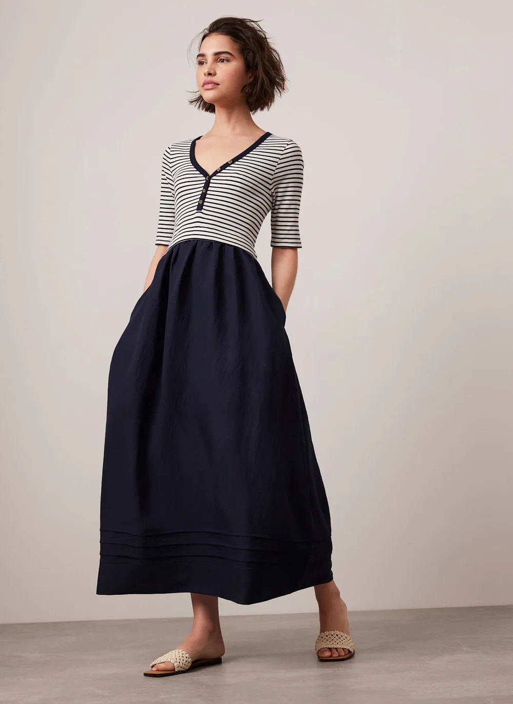 Navy Striped Woven Mix Midi Dress | Mint Velvet