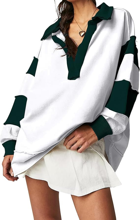 Meladyan Women’s Color Block Patchwork Sweatshirt V Neck Long Sleeve Polo Shirt Oversized Pullo... | Amazon (US)