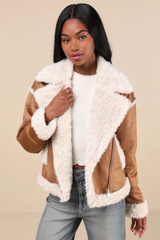 Cozy Allover Brown Vegan Leather Shearling Trim Moto Jacket | Lulus