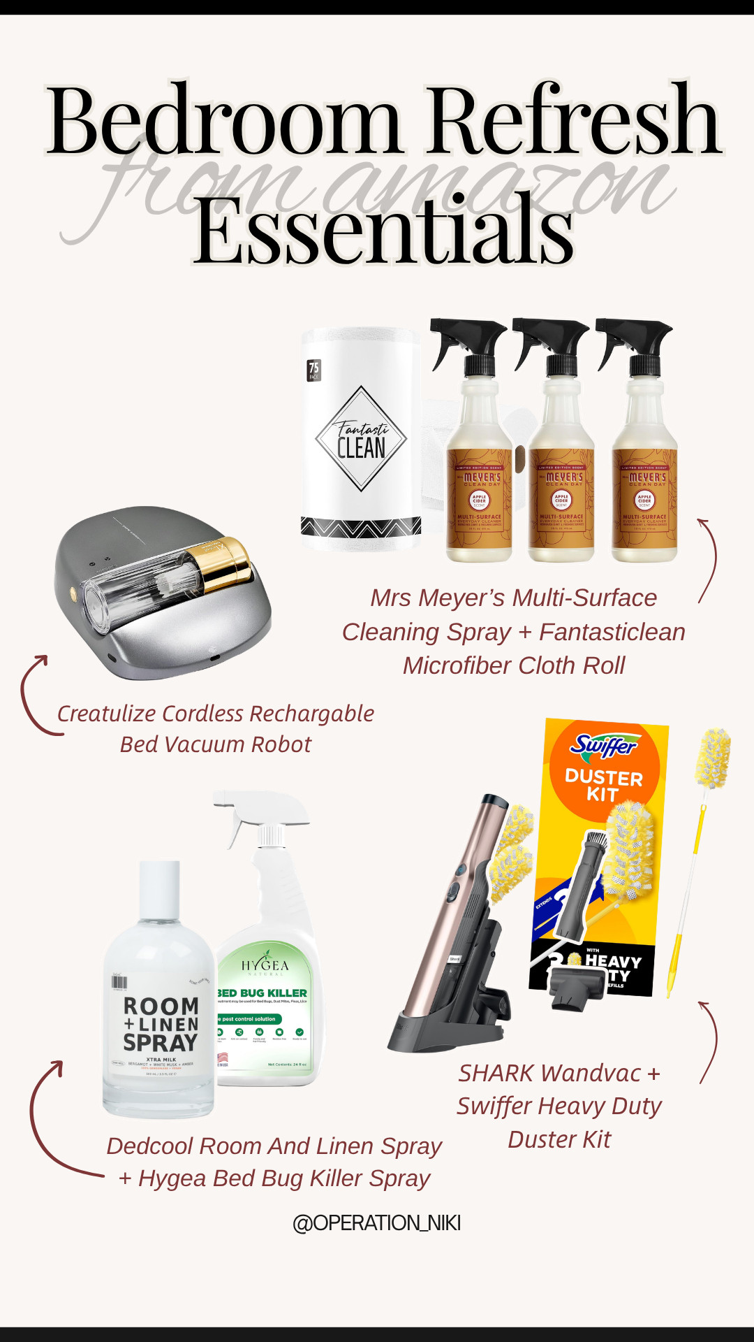 Create a sanctuary for the new season with these Bedroom Refresh Essentials from Amazon! There is nothing like a deep clean to help you reset and get the best rest possible.

From refreshing sprays and multi surface cleaners to keeping things dust-free with microfiber cloths and dusters, these tools make a seasonal reset so easy. Taking it a step further with a bed vacuum and bed bug spray ensures your space is truly sanitized and ready for those cozy spring nights. 🌿✨

Follow for more @OPERATION_NIKI on IG, TikTok, & Facebook

#BedroomRefresh #AmazonHome #CleanHome #BedroomCleaning #AmazonFinds #CleaningHacks #OperationNiki #HomeMaintenance #DeepCleaning

#LTKHome