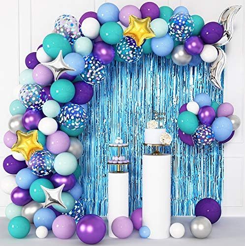 Mermaid Party Decorations Balloons Arch Garland Kit with Foil Fringe Curtain, Mermaid Tail Confetti  | Amazon (US)