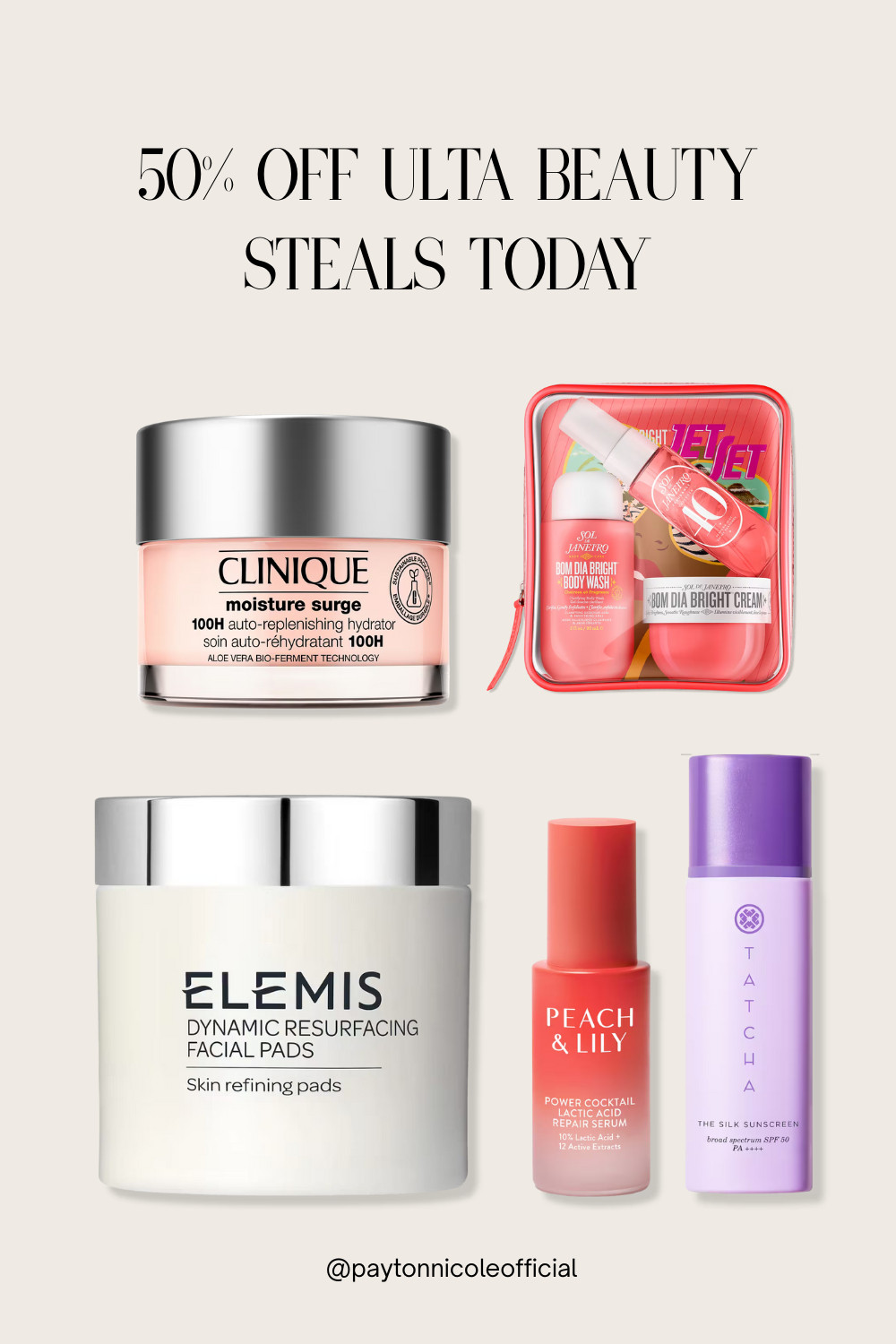  
RUNNNNN! My Ulta holy grails are 50% OFF today only! ✨
💖 Clinique Moisture Surge ($23!)
💖 Sol de Janeiro Set ($17!)
💖 Tatcha Silk Sunscreen (HALF PRICE!)

#UltaHaul #UltaBeauty #BeautyDeals #MakeupSale #SkincareRoutine #LTKbeauty #LTKsalealert #HalfOff #ViralBeauty #BeautyOnABudget

#LTKmorningroutine #LTKSaleAlert #LTKBeauty
